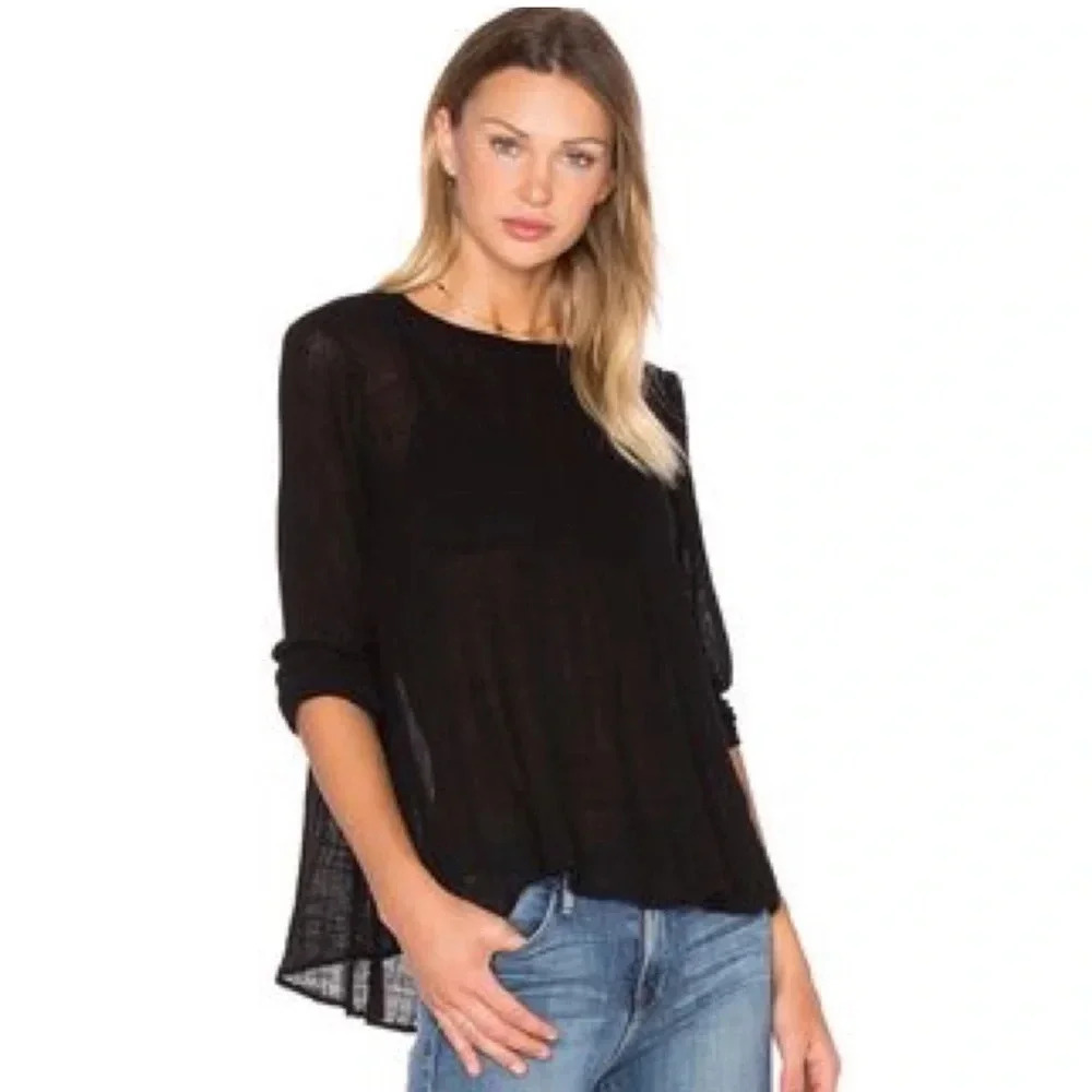 Enza Costa black boxy top lamb leather trim long sleeve Size M - Picture 1 of 8